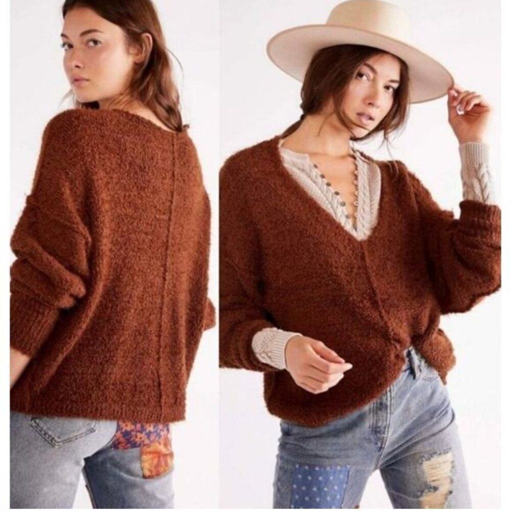 Free People Oversized Brown Icing Soft Fuzzy V-Neck